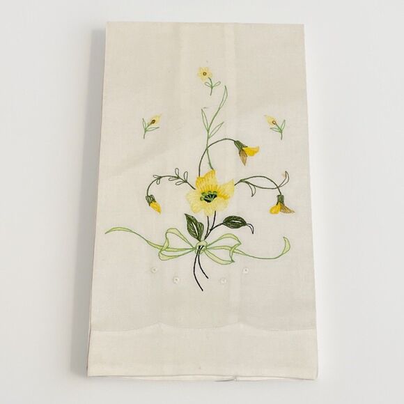 Vintage White Linen Hand Towel Yello Flower Embroidered Guest Towel - Picture 1 of 8